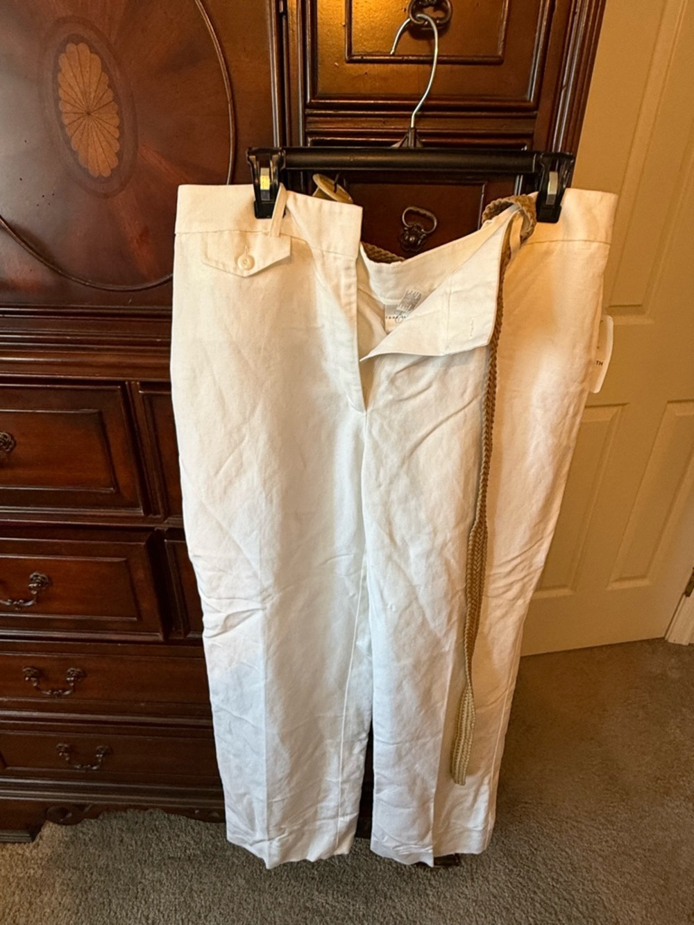 Emma James White Linen-Blend Chinos with Belt size 14 NWT